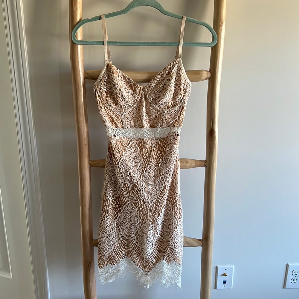 Lace nude white mini dress